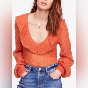 Free People Macaroon Ruffled Neck Knit Sweater Orange